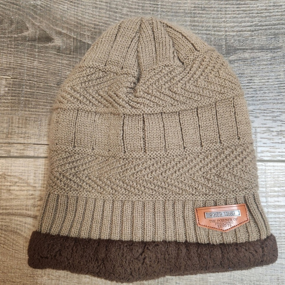 Song Ting Beanie Hat Mens OS Tan Brown Excellent Faux Fur Lined Knit Chevron
